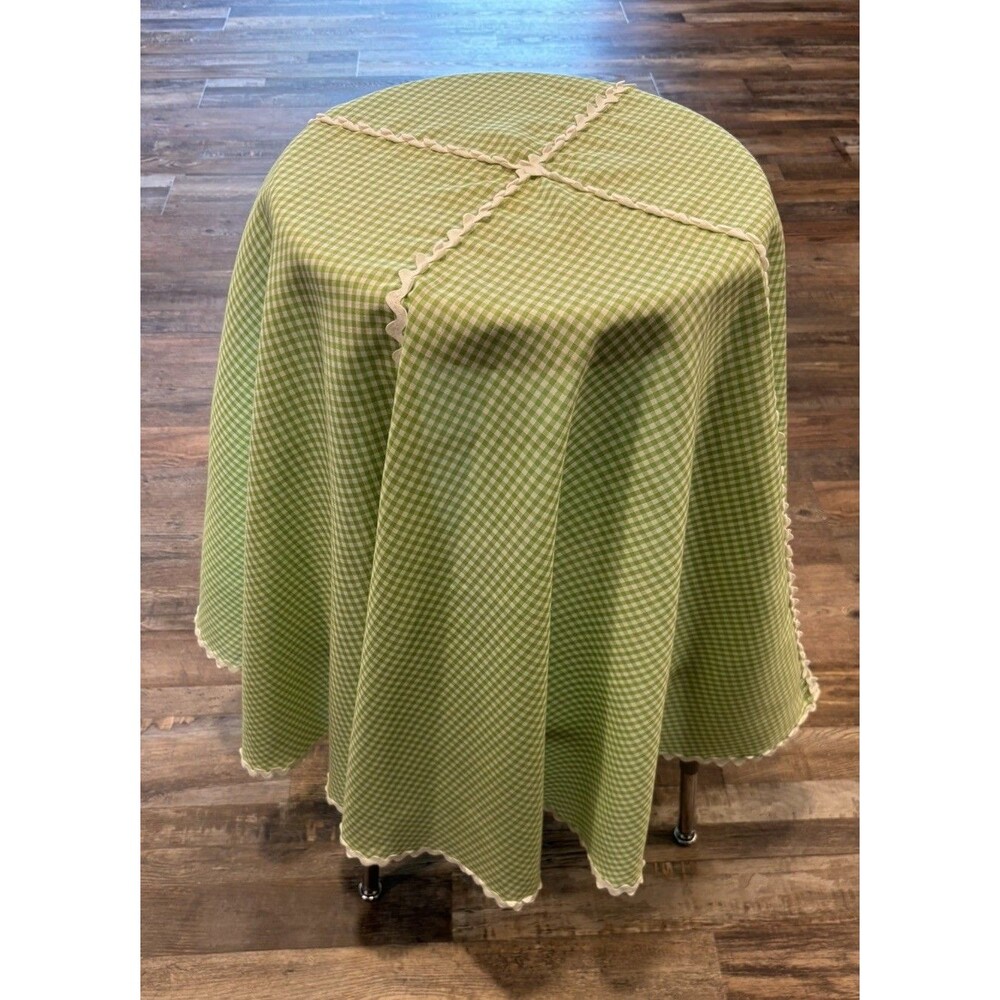 VTG Homemade 60” Round Tablecloth Green Gingham Rick Rack Trim Country Cottage